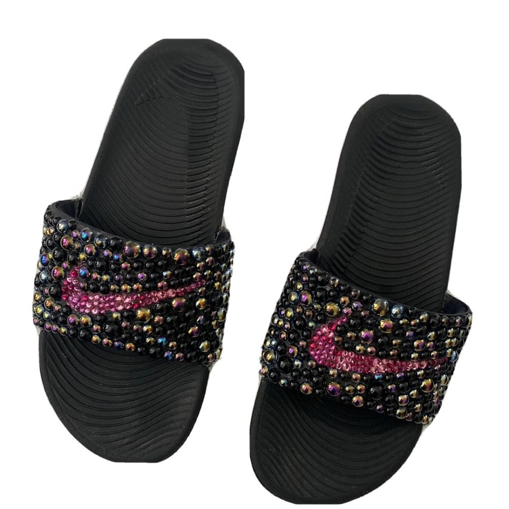 Nike Black and Pink Slides with Rhinestone and Pearls